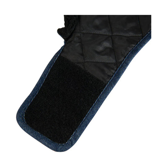 Black quilted dog coat with blue denim trim and fleece-lined interior