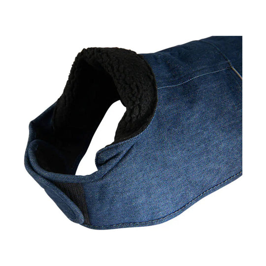 Blue denim dog coat with black fleece lining and a sleeveless opening