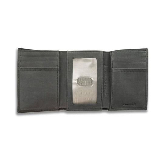 Dark gray tri-fold wallet with a clear ID window and multiple card slots