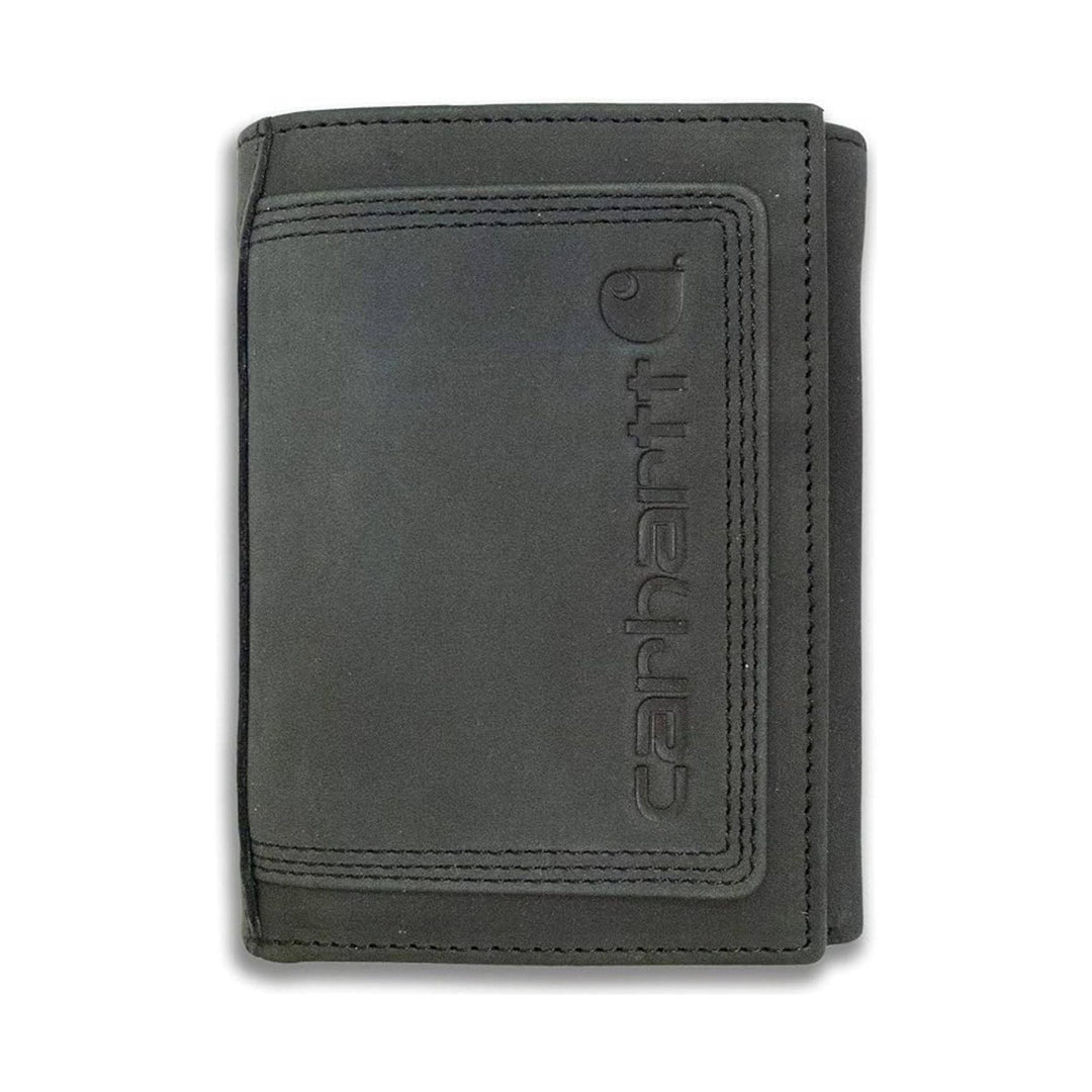 Dark gray trifold wallet with embossed logo and stitched edges