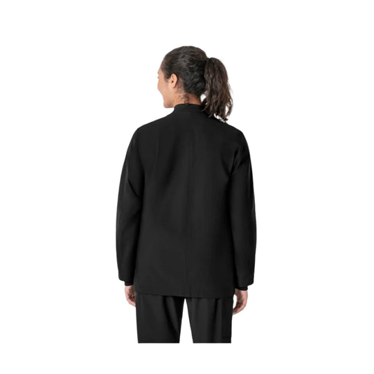 Black long-sleeve scrub coat shown from the back on a model