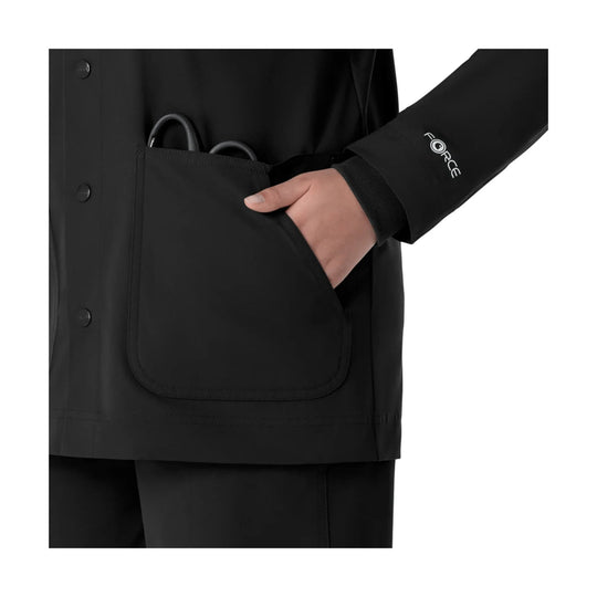 Black chore-style coat with front patch pocket and sleeve logo