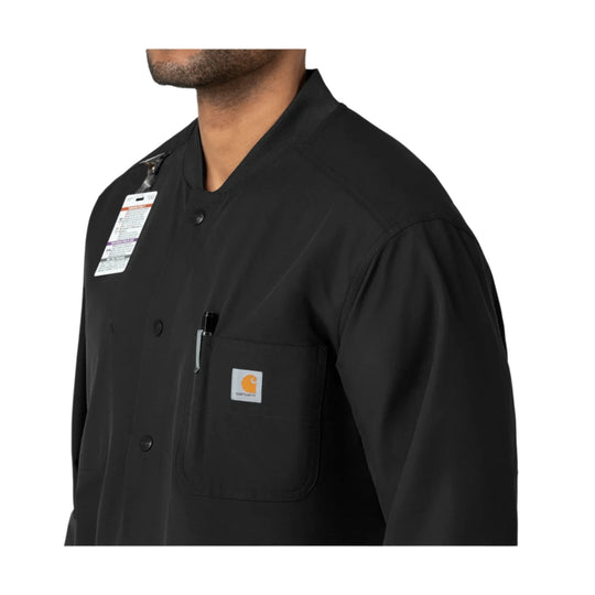 Black button-front scrub coat with chest pocket and hanging size tag