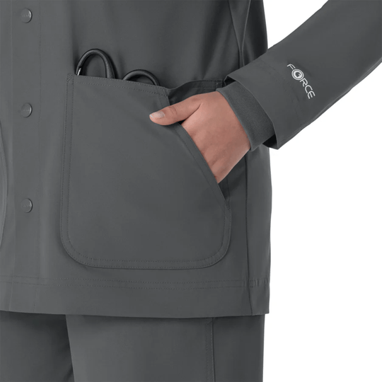 Gray scrub coat with large front patch pocket and FORCE logo on the sleeve
