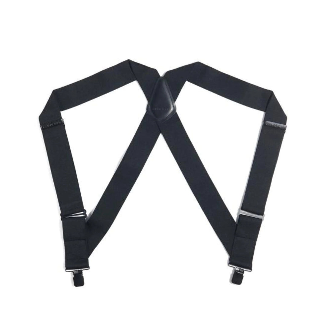 Black X-back suspenders with adjustable straps and metal clips