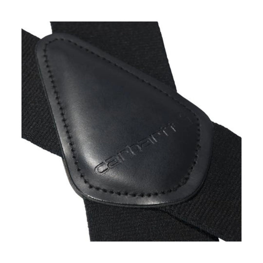 Black suspenders with a stitched leather patch and embossed Carhartt logo