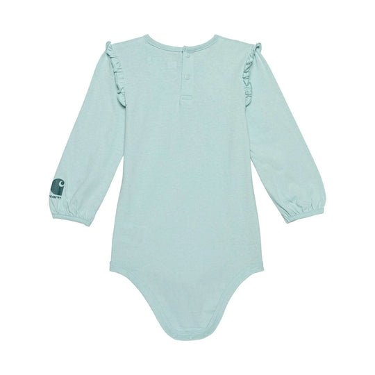 Light aqua long-sleeve baby bodysuit with ruffled shoulders and snap front