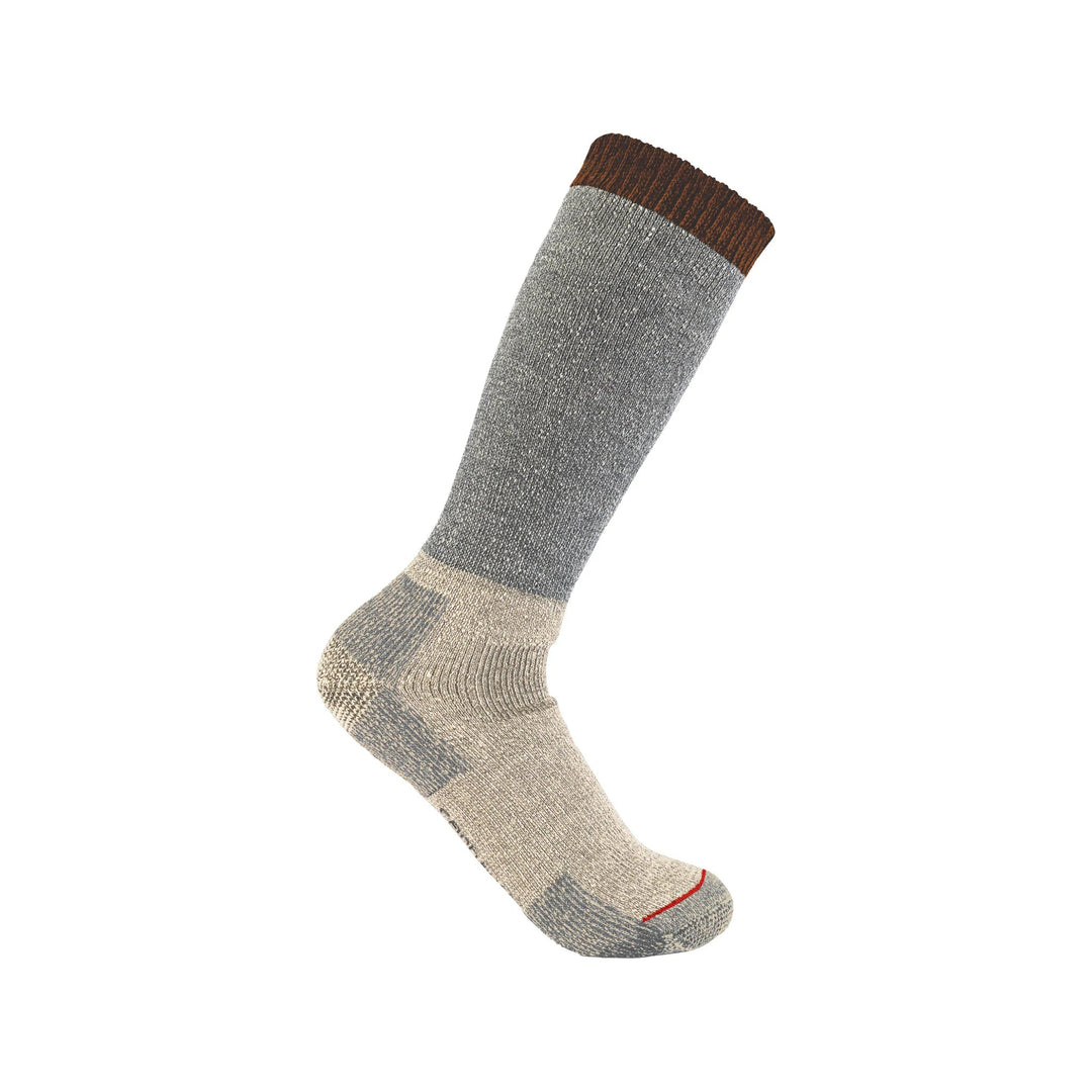 Tall heathered gray and cream boot sock with brown cuff and red toe seam