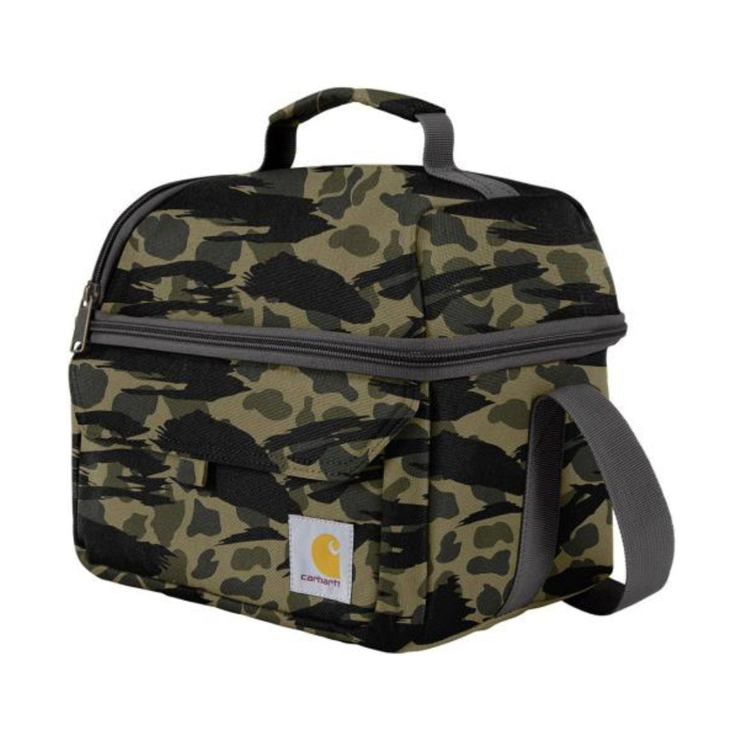 Camouflage insulated lunch cooler with top handle, front pocket, and shoulder strap