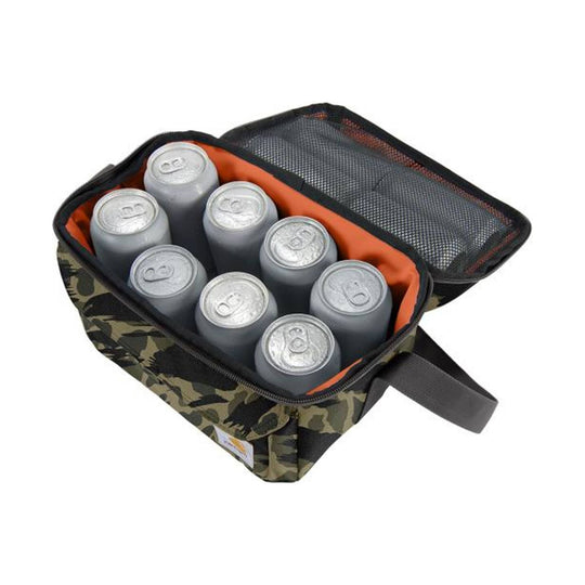 Camouflage zip-top soft cooler holding seven cans with orange lining and a mesh lid