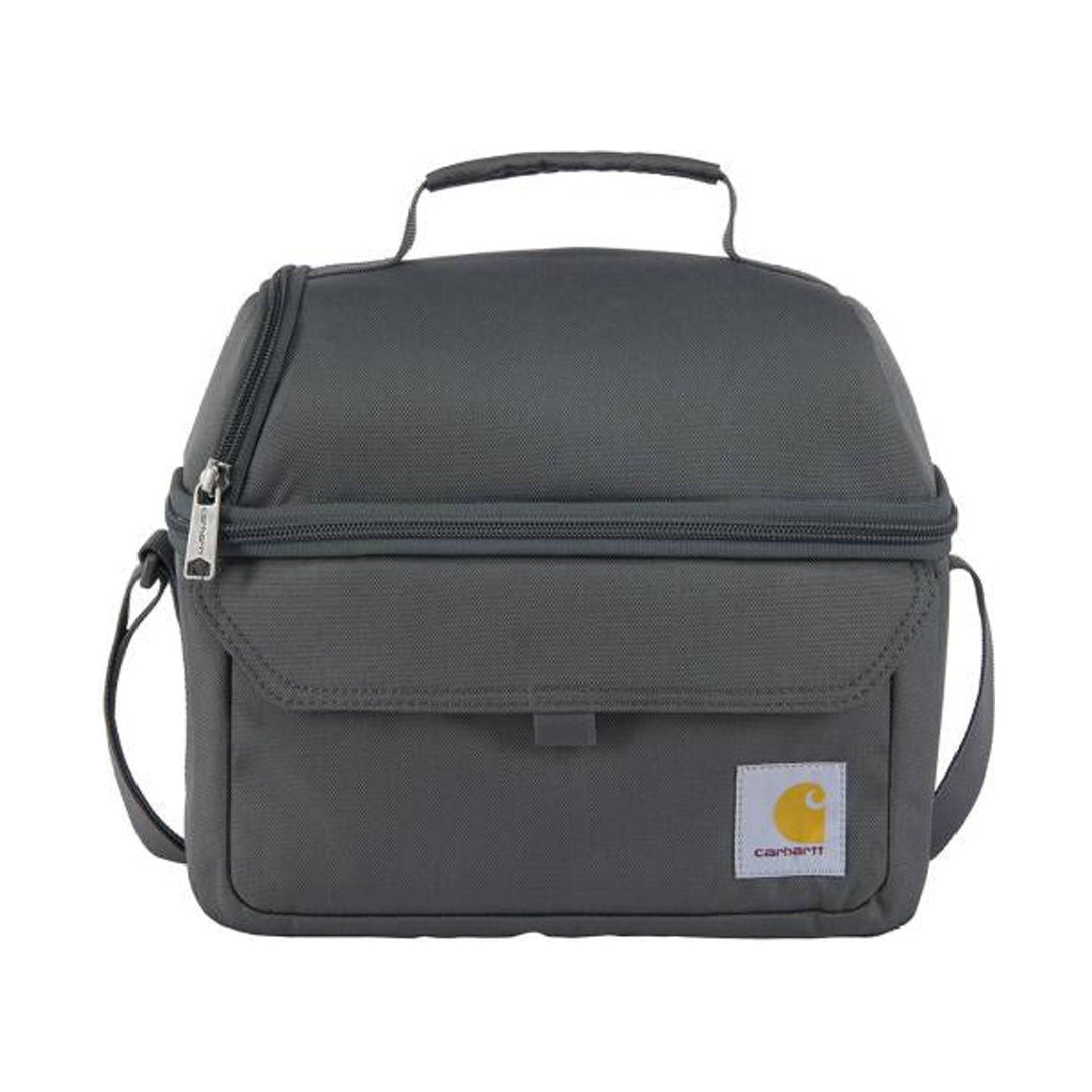 Gray soft-sided lunch cooler with top handle, front flap pocket, and a small logo patch