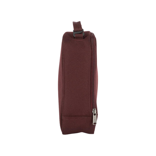 Brown zippered lunch cooler with a top handle and side carry loop, shown in profile.