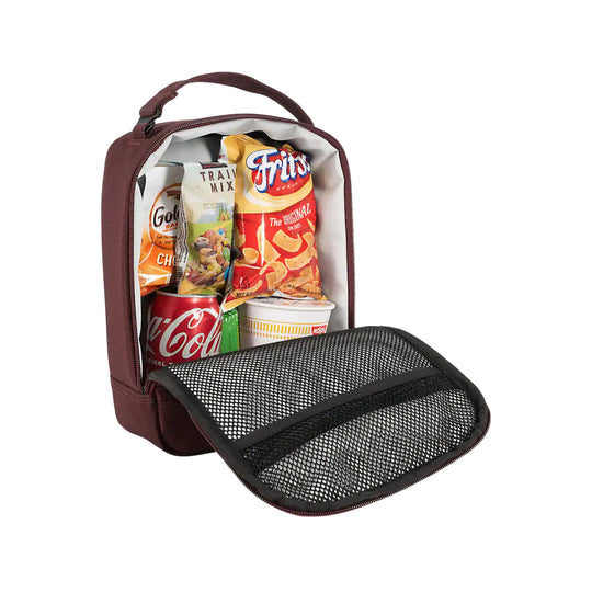 Maroon zippered lunch cooler with top handle, open to show snacks and drinks, with a black mesh front pocket
