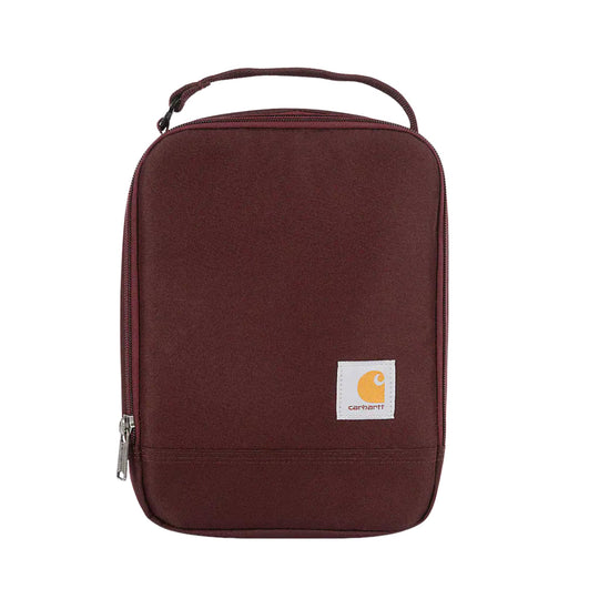 Maroon rectangular zippered lunch cooler with a top handle and small front logo patch