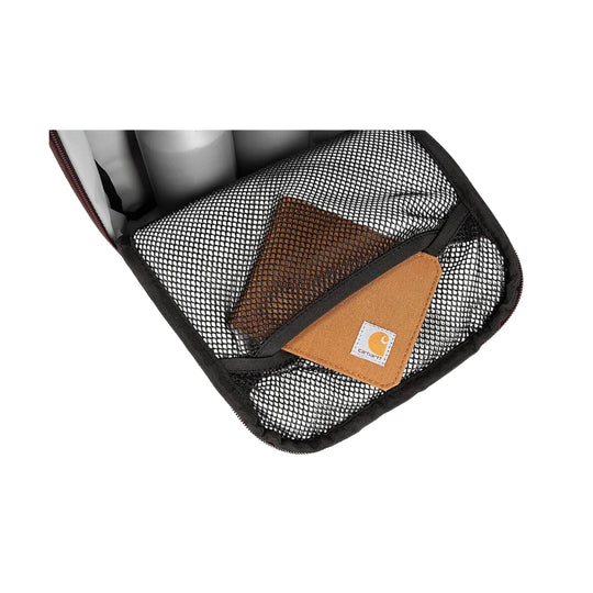 Open black mesh lunch cooler with tan and brown zip pouches inside