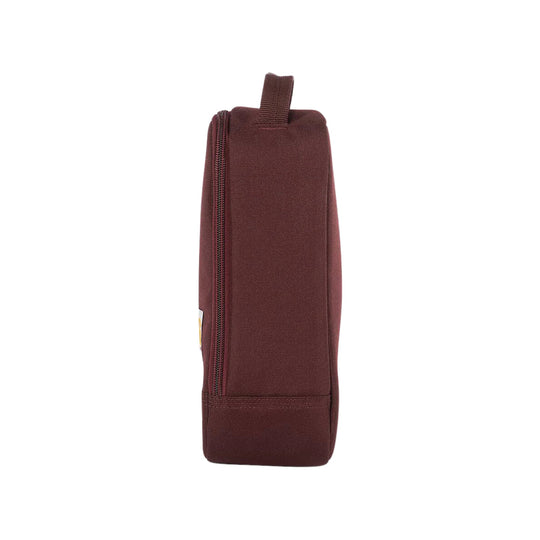 Brown zippered lunch cooler shown from the side with a top carry loop