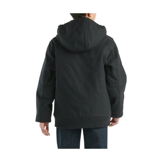 Black hooded kids' jacket shown from the back with ribbed hem and cuffs