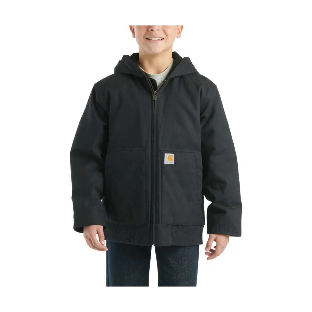 Black hooded kids' jacket with front zipper and chest patch logo