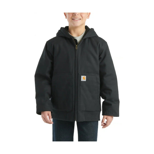 Black hooded kids' jacket with front zipper and chest patch logo