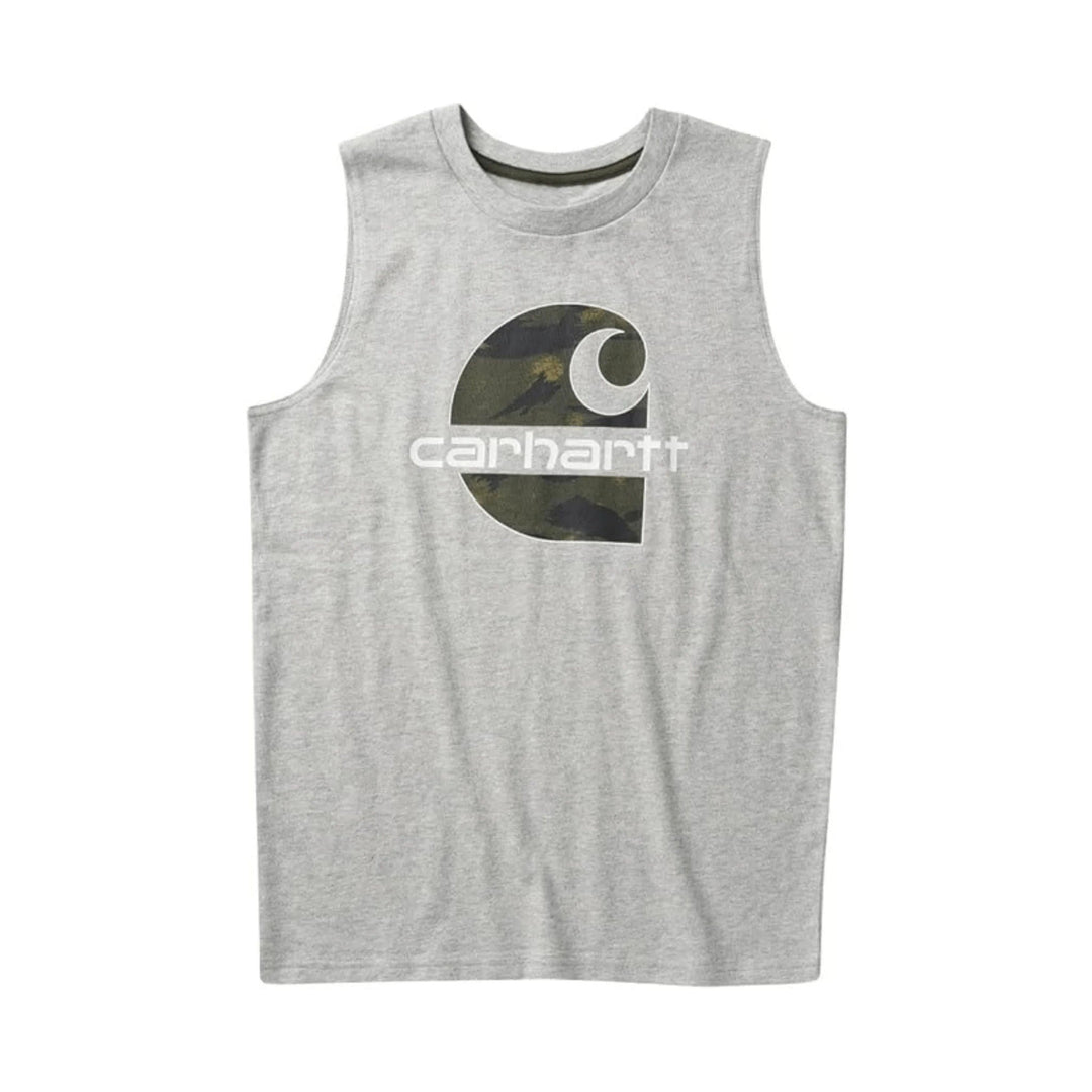 Gray sleeveless tank with a large camo logo and Carhartt text on the chest