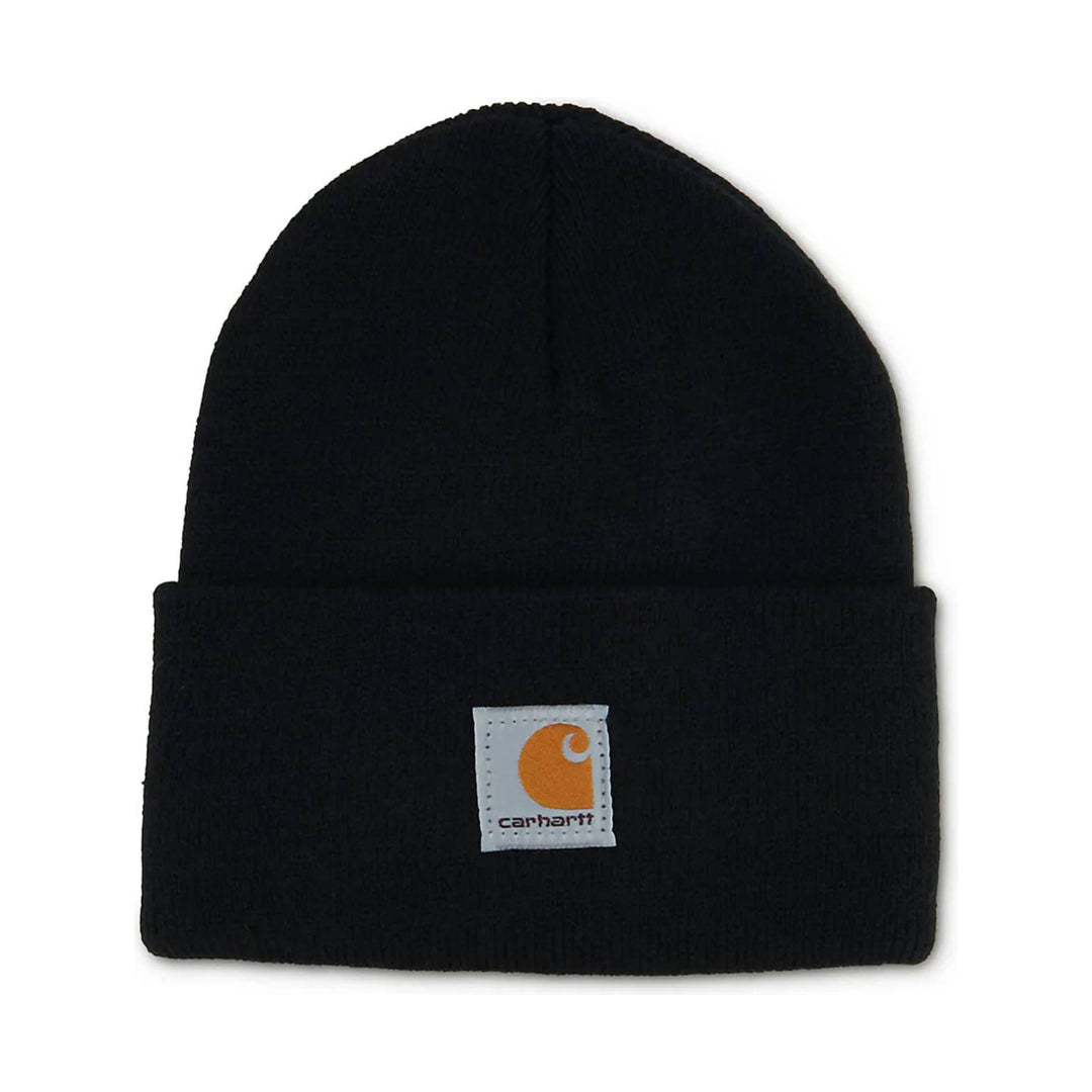 Black knit beanie with folded cuff and Carhartt logo patch