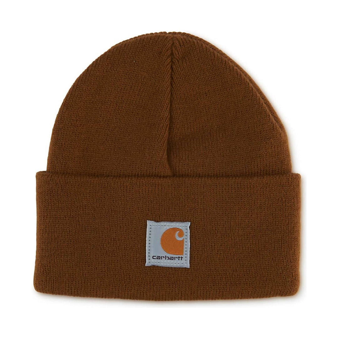 Brown knit beanie with folded cuff and front logo patch