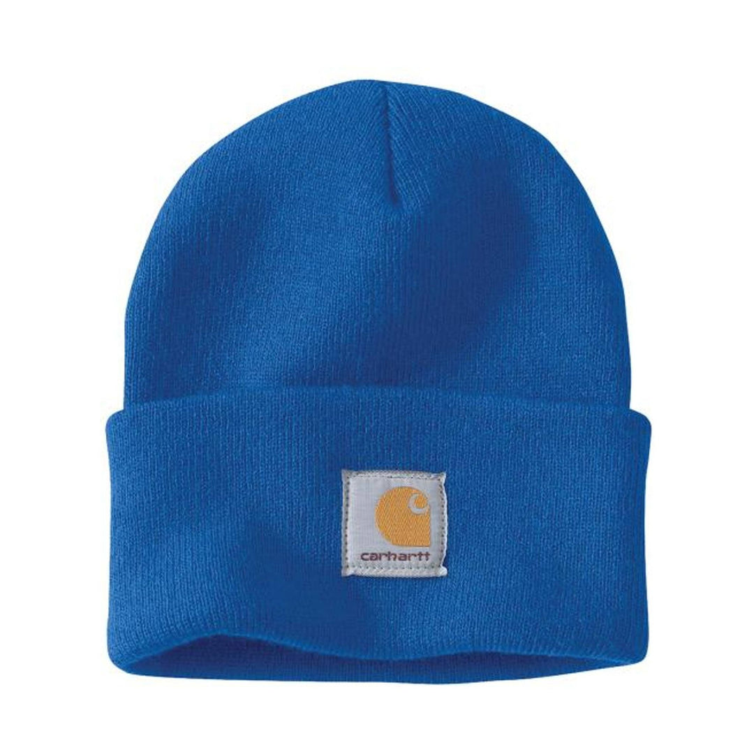 Blue knit beanie with a folded cuff and small front label patch