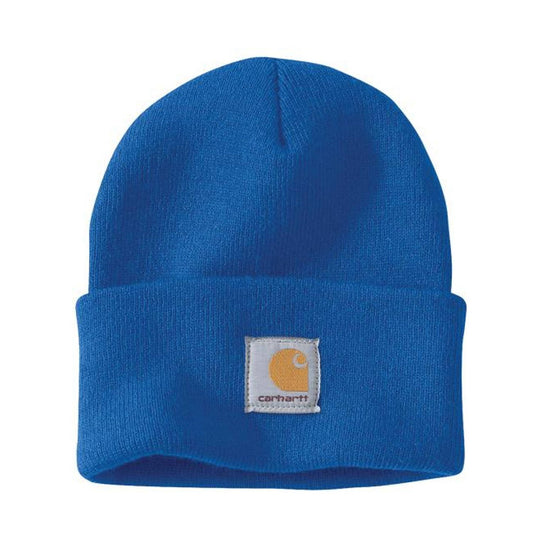 Blue knit beanie with a folded cuff and small front label patch
