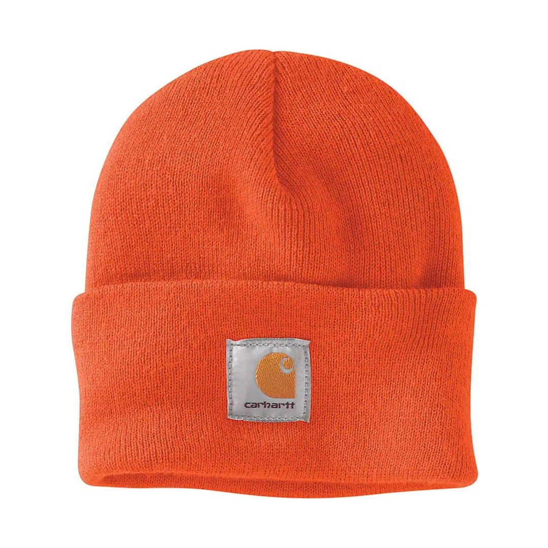 Orange knit beanie with Carhartt logo on a white background