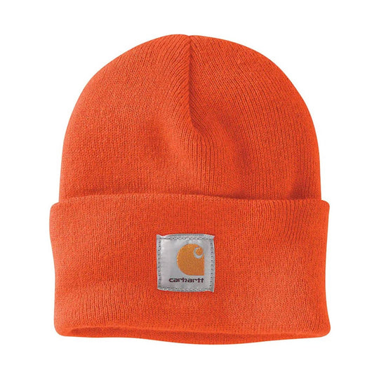 Orange knit beanie with Carhartt logo on a white background