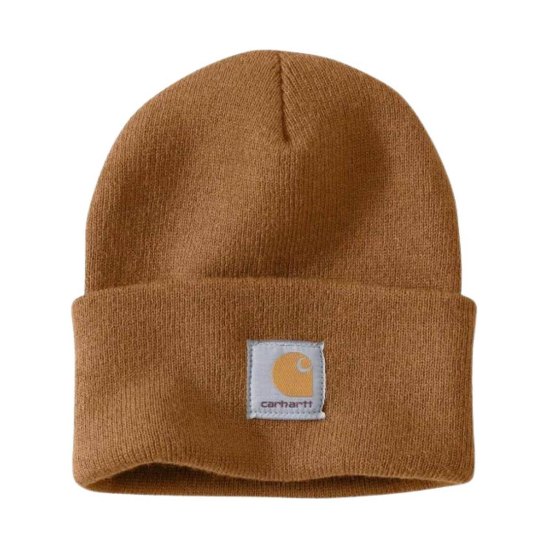 Brown knit beanie with Carhartt logo on a white background