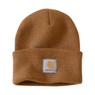 Brown knit beanie with Carhartt logo on a white background