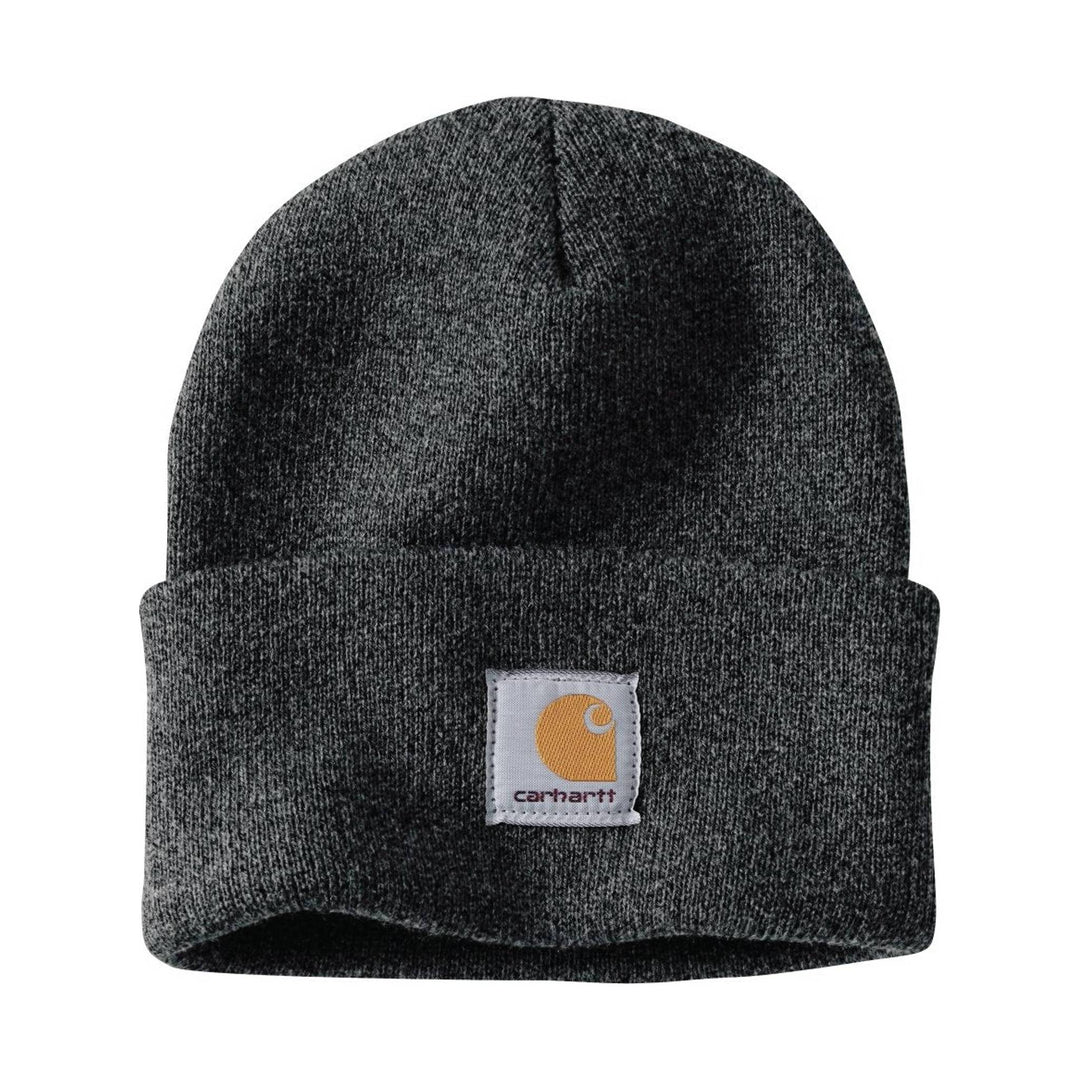 Dark gray knit beanie with folded cuff and Carhartt patch