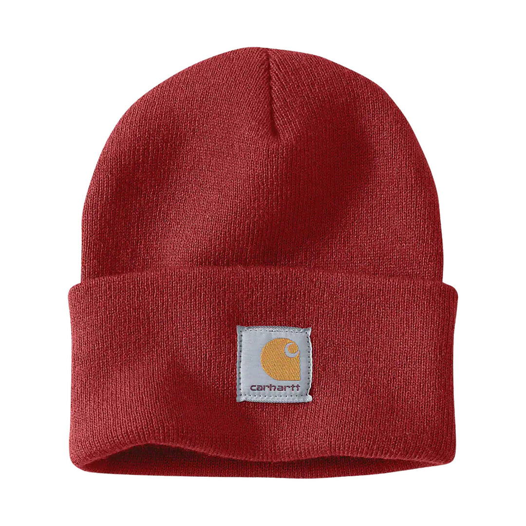 Red knit beanie with folded cuff and Carhartt logo patch
