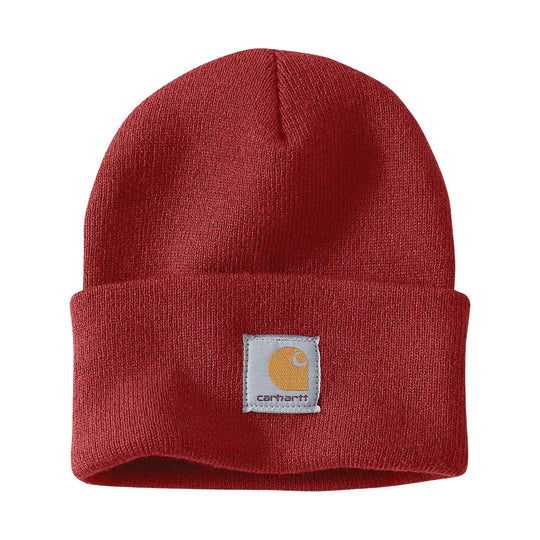 Red knit beanie with folded cuff and Carhartt logo patch