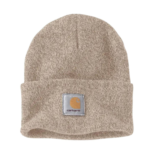 Beige knit cuffed beanie with a Carhartt patch on the front