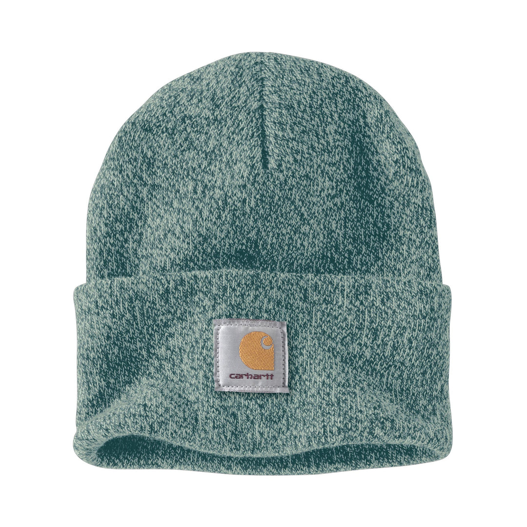 Mottled green knit beanie with folded cuff and Carhartt logo patch