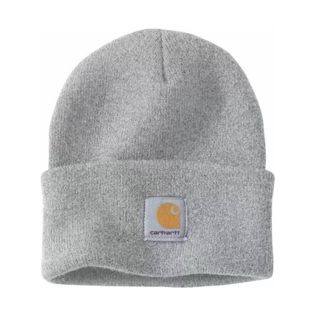 Light gray knit beanie with folded cuff and small Carhartt logo patch