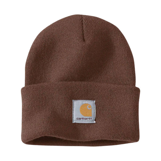 Brown ribbed knit beanie with folded cuff and Carhartt patch