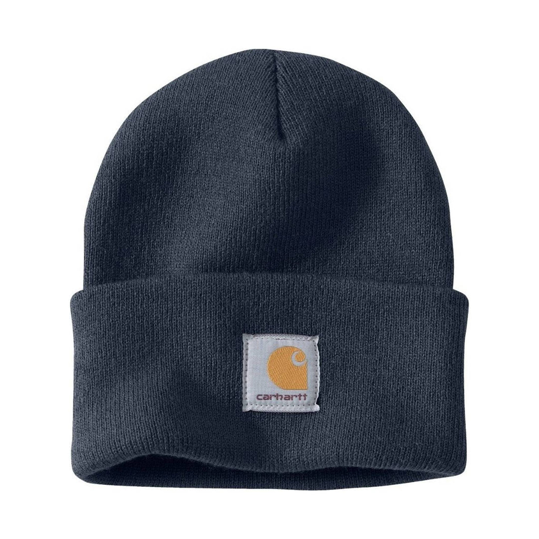 Dark knit cuffed beanie with a Carhartt patch on the front