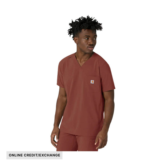 Brown V-neck scrub top on model with chest pocket and matching pants; ONLINE CREDIT/EXCHANGE banner