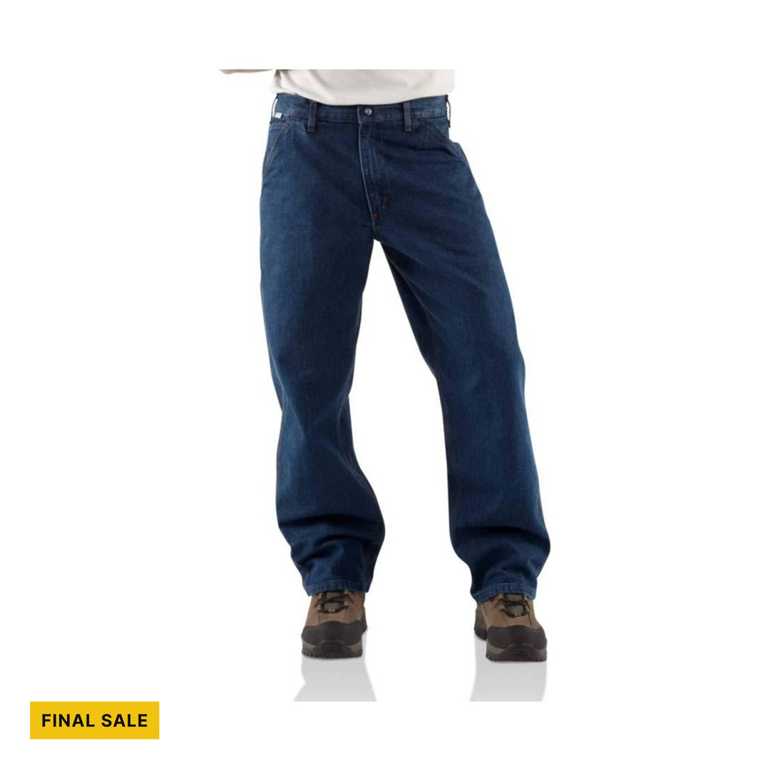Blue denim work pants with a yellow FINAL SALE label