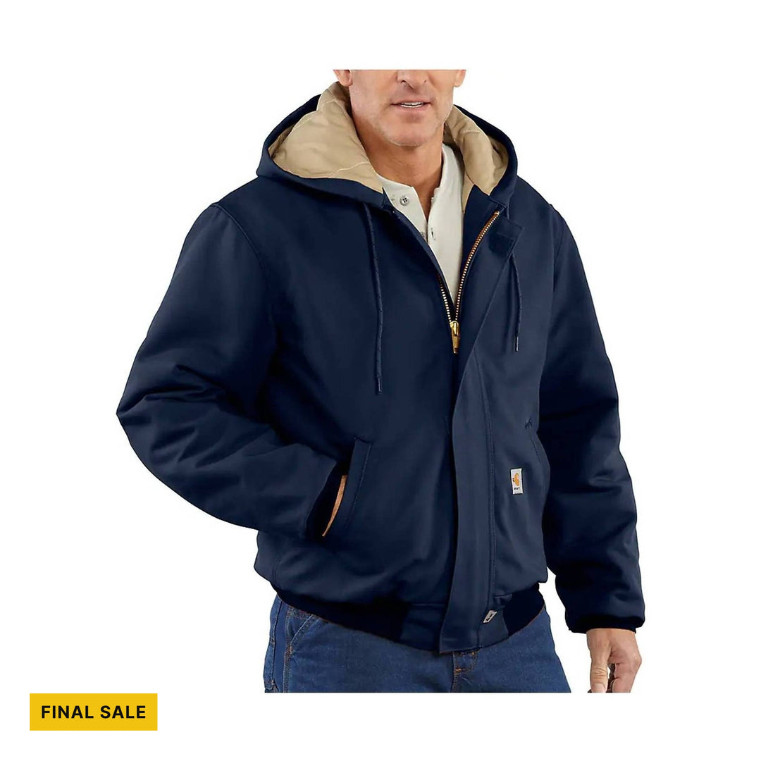 Dark navy hooded work jacket with beige lining, front zipper, and a FINAL SALE label.