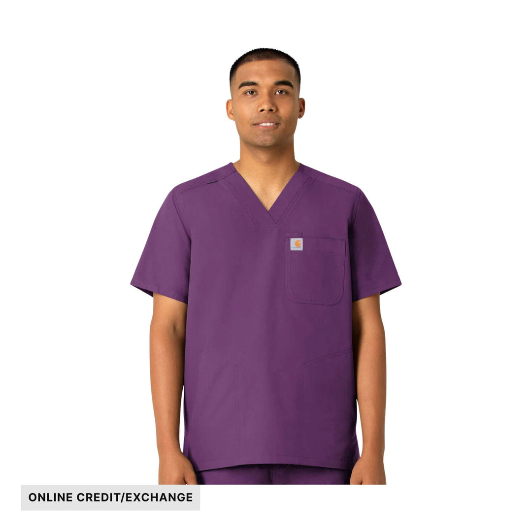 Purple V-neck scrub top with chest pocket and short sleeves, labeled ONLINE CREDIT/EXCHANGE