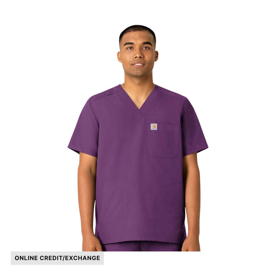 Purple V-neck scrub top with chest pocket and short sleeves, labeled ONLINE CREDIT/EXCHANGE
