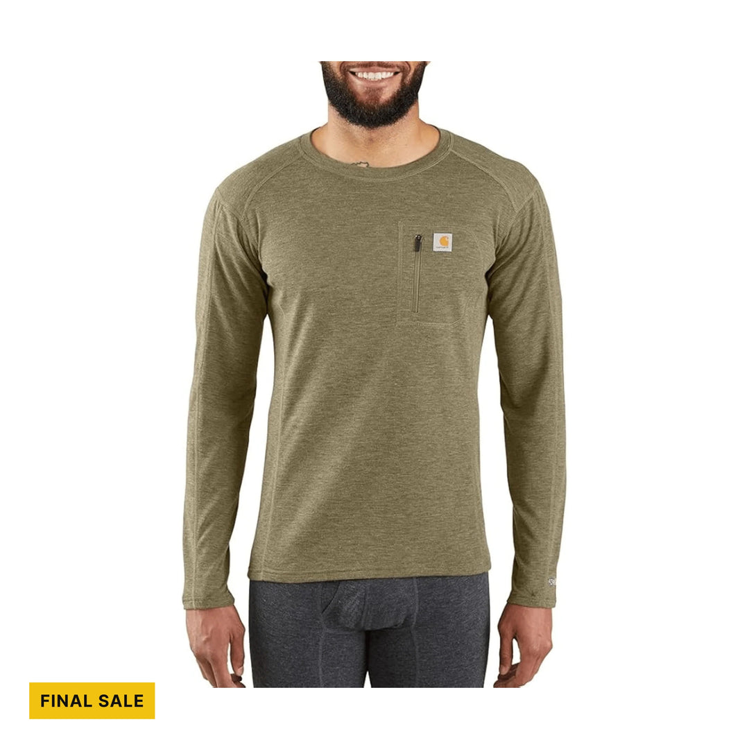 Long-sleeve olive crewneck shirt with a small zip chest pocket and visible "FINAL SALE" label