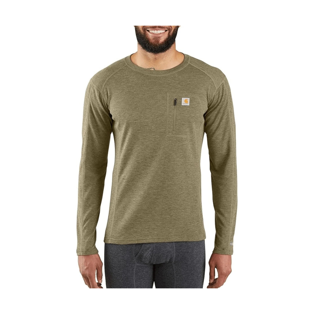 Carhartt Men's Force Midweight Synthetic Wool Blend Base Layer Crewneck Pocket Top - Burnt Olive Heather - Lenny's Shoe & Apparel
