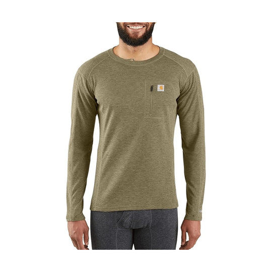 Carhartt Men's Force Midweight Synthetic Wool Blend Base Layer Crewneck Pocket Top - Burnt Olive Heather - Lenny's Shoe & Apparel