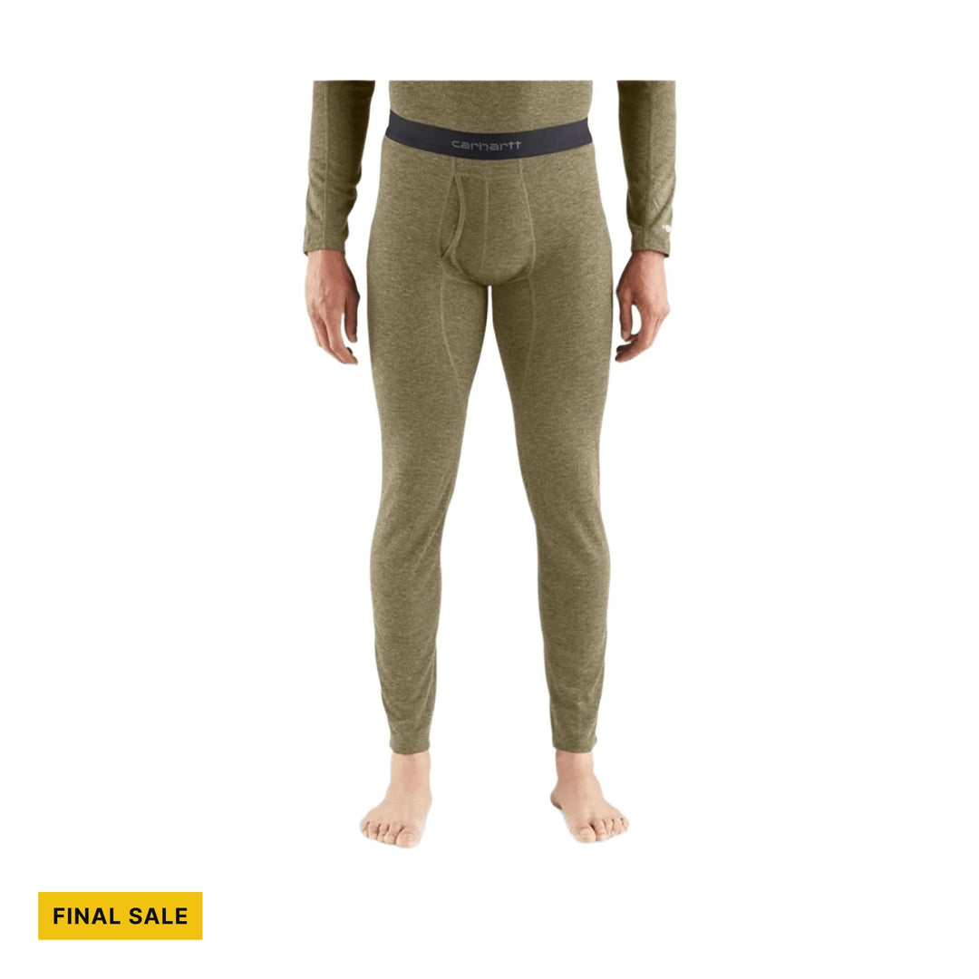 Olive long-sleeve thermal base layer pants with visible Carhartt waistband and FINAL SALE tag