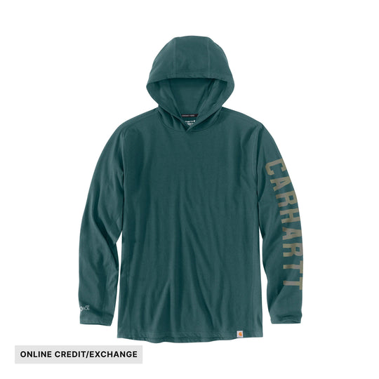 Teal long-sleeve hooded performance tee with large sleeve lettering and online credit/exchange label